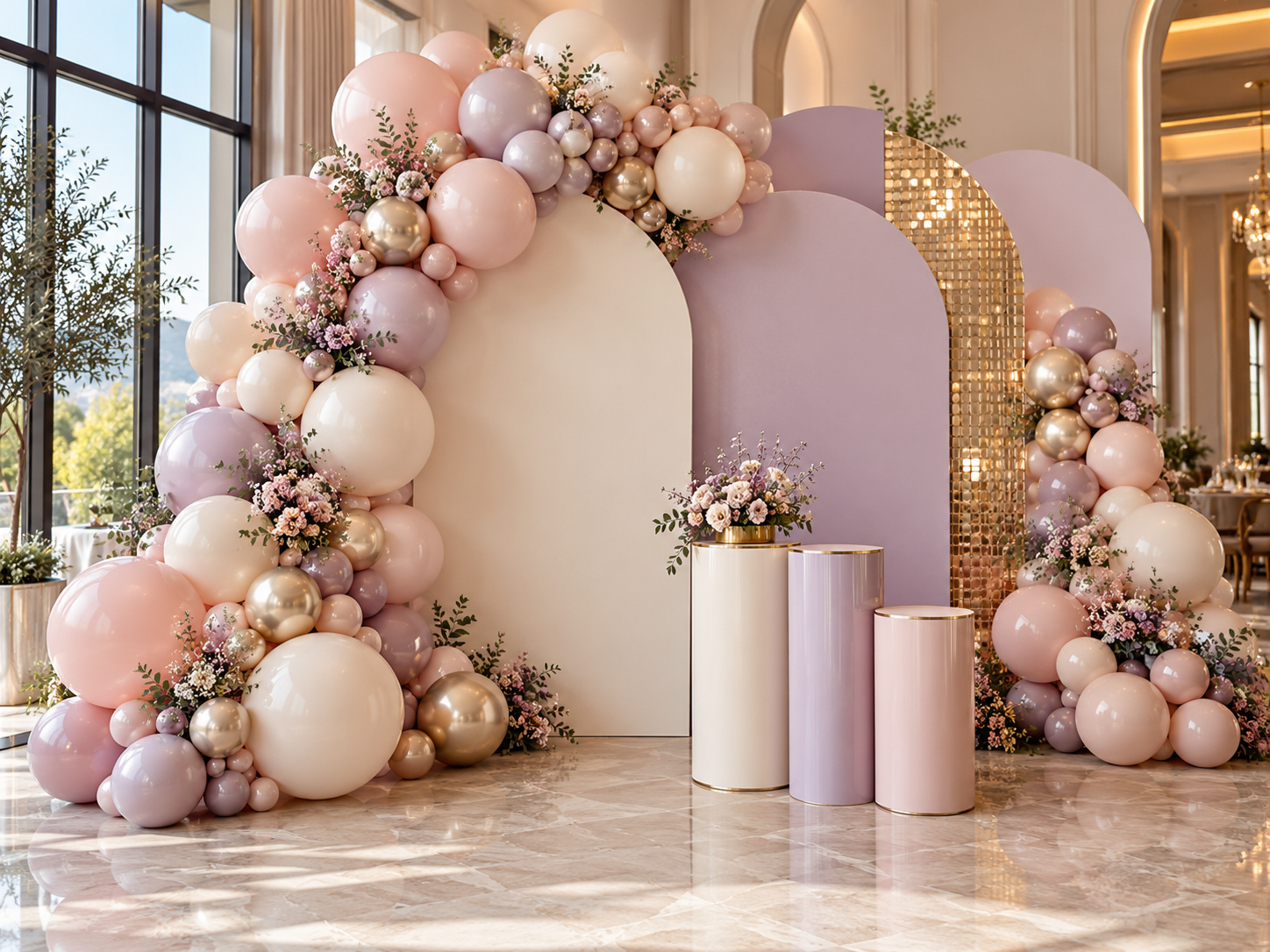 Esempio di scenografia: arco organico di palloncini rosa, lilla, avorio e oro con fondali curvi e pedane
